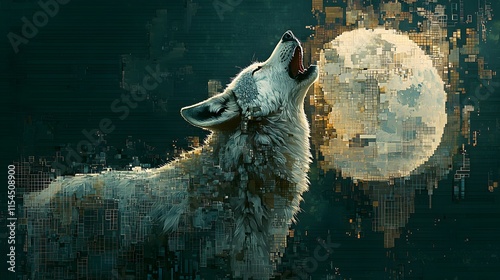 Pixelated wolf howling at a fragmented moon, digital art blending natural elements with a grid structure, wolf pixel grid, nature meets digital