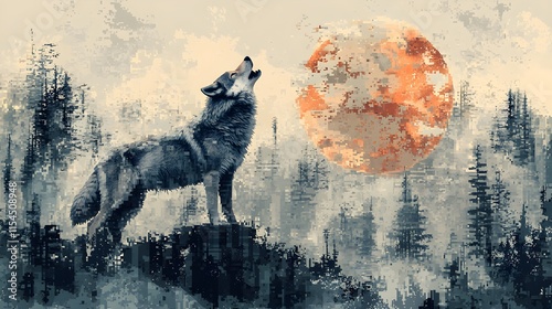 Pixelated wolf howling at a fragmented moon, digital art blending natural elements with a grid structure, wolf pixel grid, nature meets digital