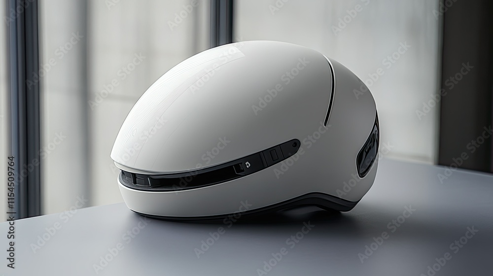 Sleek white helmet with sensors on a table near a window.