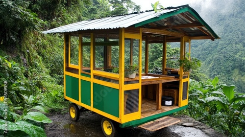 Small, colorful cart-like structure on wheels, situated outdoors in lush greenery.