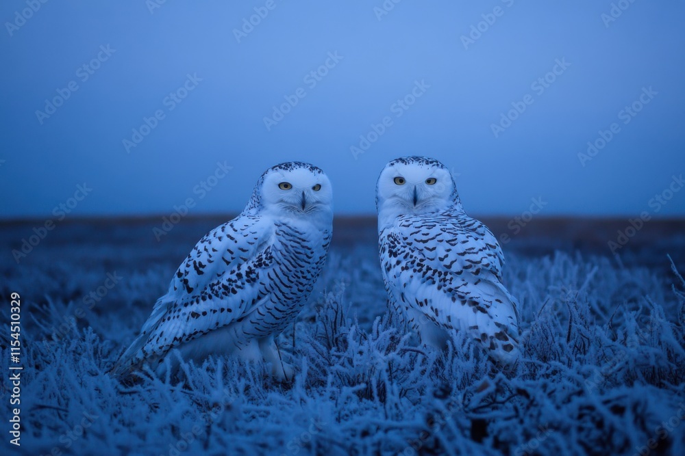 Fototapeta premium Ground-level view of arctic tundra with snowy owls, polar twilight, wildlife photography