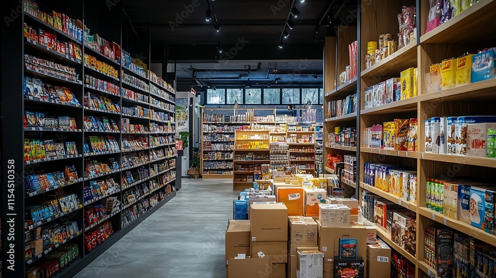 A grocery store aisle filled with shelves of products and stacked boxes. A grocery store aisle filled with shelves of products and stacked boxes.