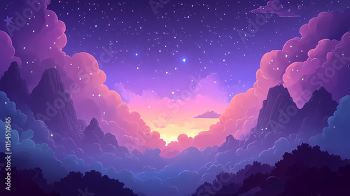 A purple and blue sky with stars and clouds. Lodestar. Illustration