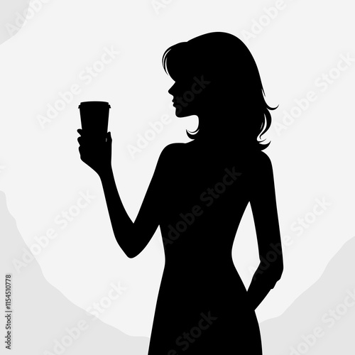 Elegant woman silhouette holding coffee cup on white background, minimalist