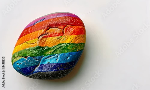 Smooth, multicolored painted rock with rainbow pattern against white background photo