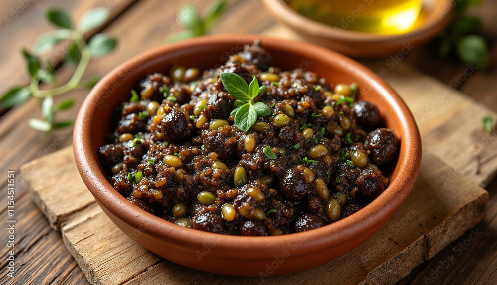 Traditional Greek Olive Tapenade in Terracotta Bowl Rustic Style Traditional Greek Olive Tapenade in Terracotta Bowl Rustic Style