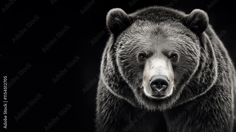 Fototapeta premium Monochrome front-facing portrait of Kamchatka brown bear, intense focus, isolated on a dark black background for powerful predator-themed visuals