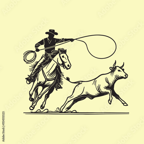 cowboy horseback lasso throwing in front of a calf