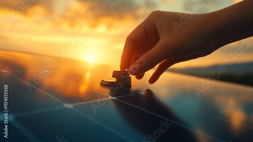 A hand placing coins on a solar panel at sunset, symbolizing investment in renewable energy.
