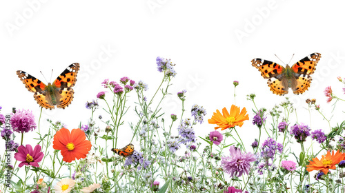 A wide shot of a colorful flower garden with a butterfly perched delicately on a bloom