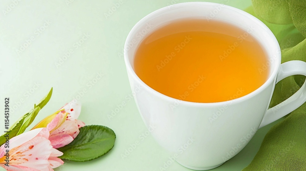 Fresh Herbal Tea in White Cup with Flowers on Light Green Background Fresh Herbal Tea in White Cup with Flowers on Light Green Background