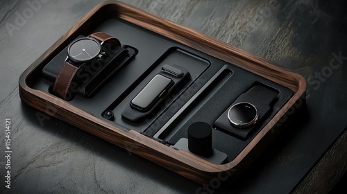 Wooden organizer tray with watches, fitness tracker, and rings.