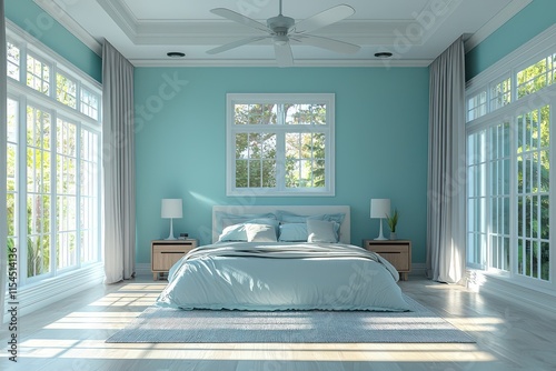 A master bedroom in a newly built house with pale blue turquoise walls, large windows, and a white ceiling fan casting a soft breeze over the room.
