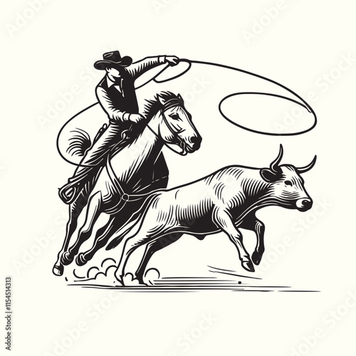 cowboy horseback lasso throwing in front of a calf