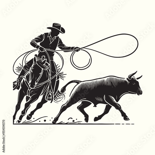 cowboy horseback lasso throwing in front of a calf