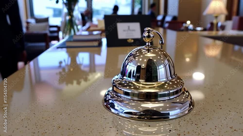 A close-up of a bell at a hotel reception desk, symbolizing the welcoming atmosphere as guests prepare to check in or request assistance.