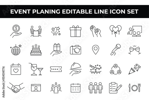 Event Planning Icon Set with editable line icons of calendars, decorations, and event tools. Perfect for event organizers, party planners, brochures, websites, and promotional materials. Event icons
