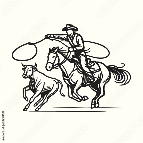 cowboy horseback lasso throwing in front of a calf