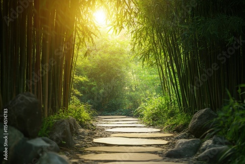 Linear perspective of bamboo grove with stone path, filtered morning light, zen garden style