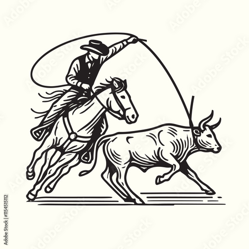 cowboy horseback lasso throwing in front of a calf