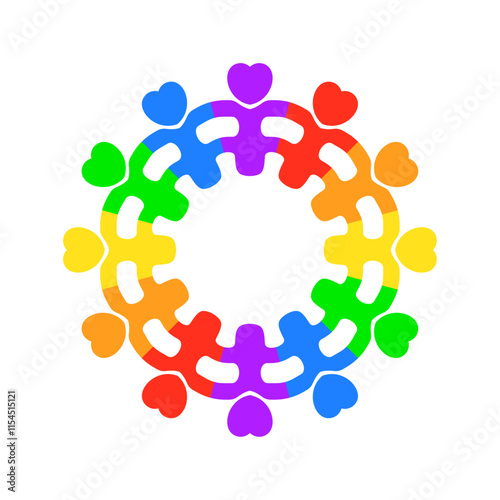 LGBT concept. Abstract teamwork people love heart forming a gear shape. Vector isolated on white background.
