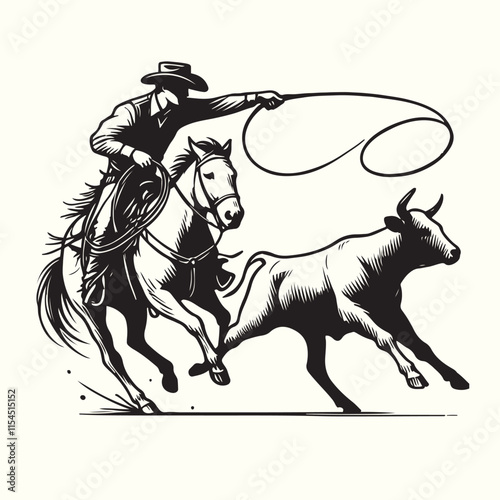 cowboy horseback lasso throwing in front of a calf