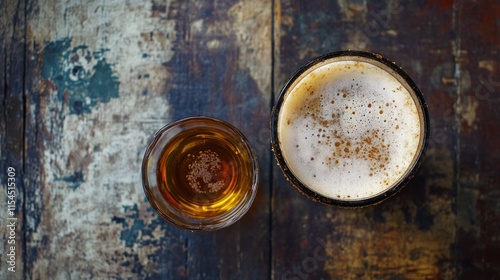 A rustic boilermaker with a shot of whiskey next to a frothy beer, served on a vintage wood surface  photo