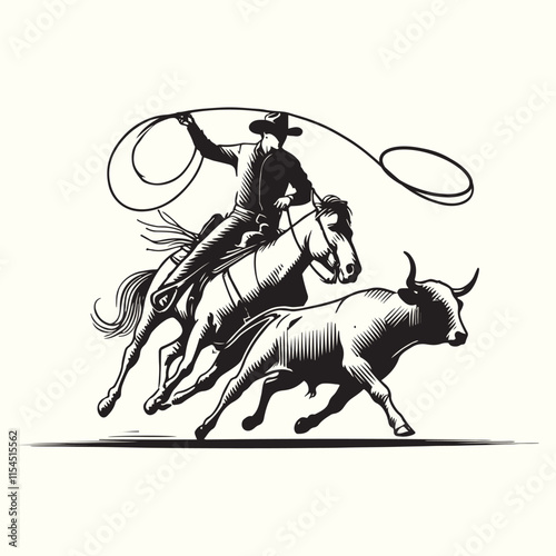 cowboy horseback lasso throwing in front of a calf
