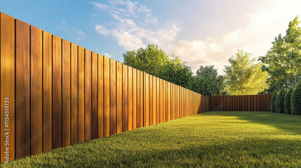 Fototapeta premium A wooden fence surrounding a green lawn area.