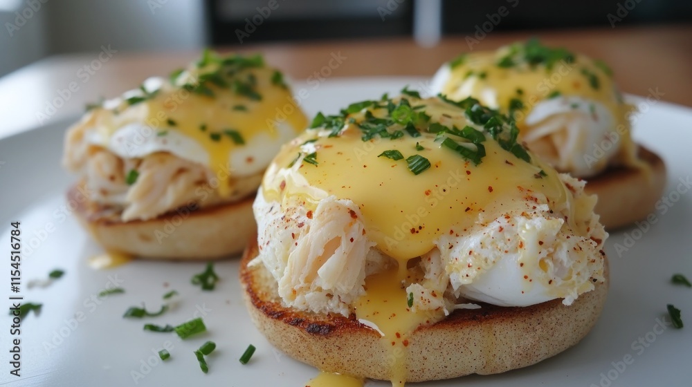 Alaskan Crab Benedict on toasted English muffins, with poached eggs and hollandaise sauce 