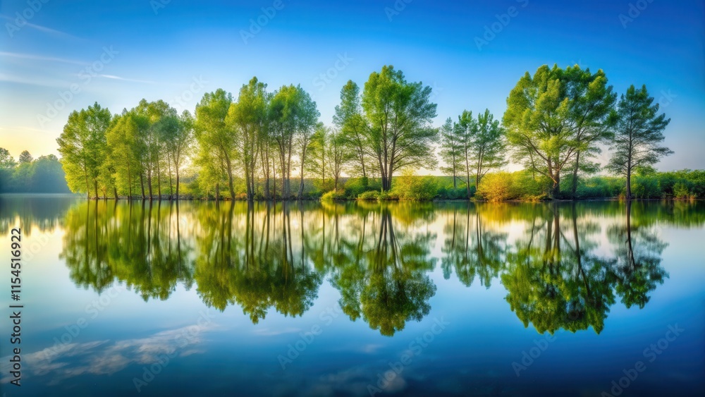 Fototapeta premium water surface reflection of trees, serene lake view