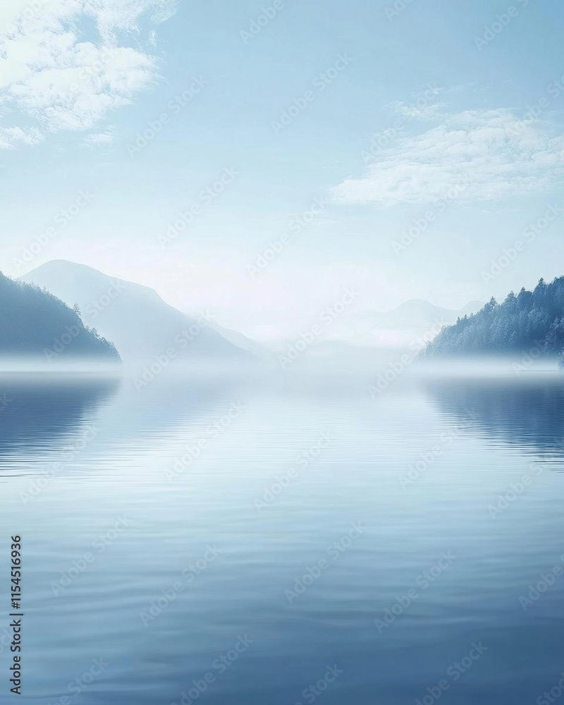 Tranquil lake scene with misty mountains and calm waters. Tranquil lake scene with misty mountains and calm waters.