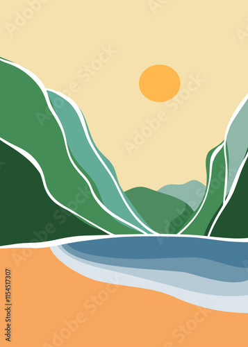 Flat design landscape background with line art, mountains, sea, and hills. creative minimalist modern art print. use for print art, poster, cover, banner