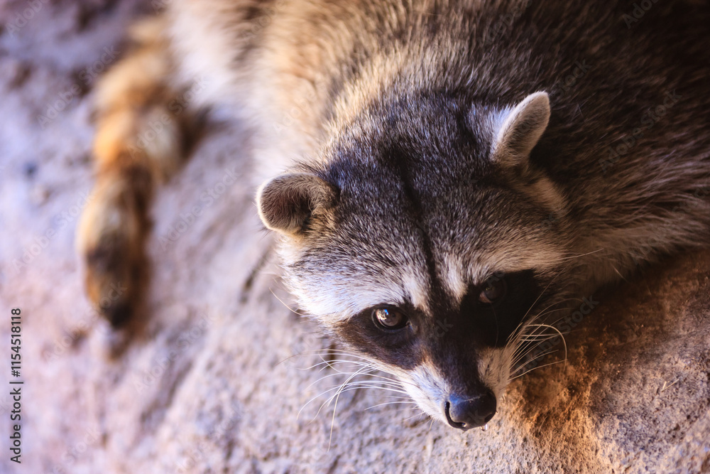 A raccoon is laying on a rock with its head up A raccoon is laying on a rock with its head up