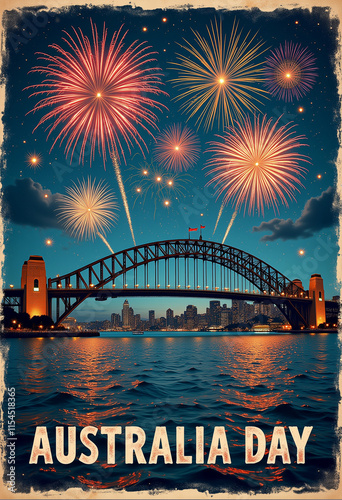 Sydney Harbour Bridge with fireworks, retro poster style, Australia Day