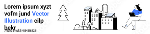 Buildings with solar panels, tree, and person using laptop. Ideal for sustainability, remote work, green energy, urban living, eco-friendly practices, smart cities, work-life balance. Landing page