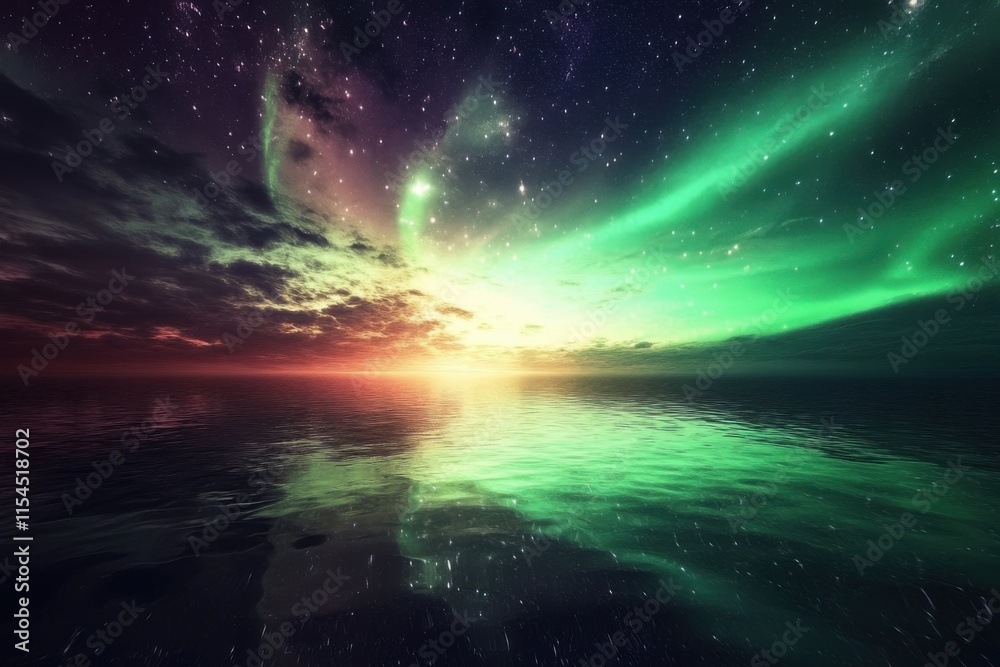 Fototapeta premium Northern lights in wavelength distortion, green aurora and star white, cosmic dark