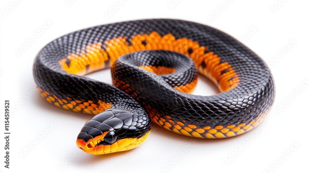 Naklejka premium Vibrant Striped Venomous Snake Coiled and Ready to Strike in Tropical Jungle Setting