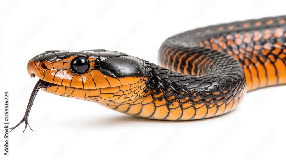 Naklejka premium Coiled Orange and Black Venomous Snake with Fangs in Natural Habitat