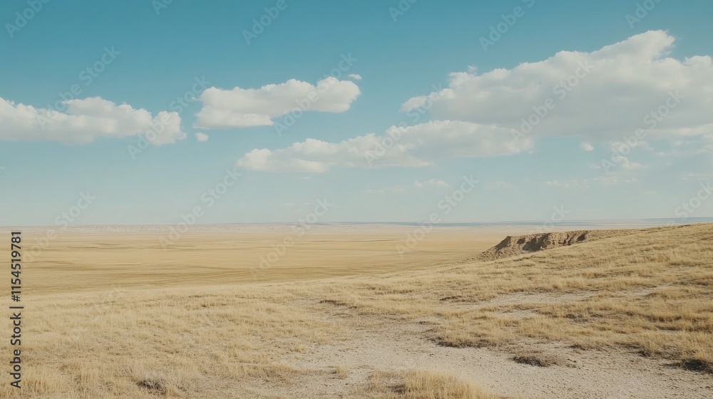 Vast Open Landscape with Golden Grassy Fields Under Blue Sky and White Clouds Vast Open Landscape with Golden Grassy Fields Under Blue Sky and White Clouds
