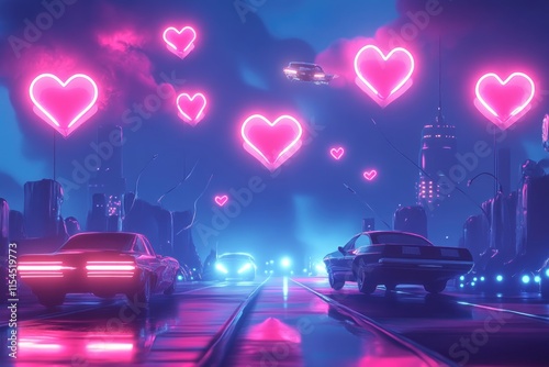 Neon Hearts Illuminate Futuristic Cityscape Cars Drive photo