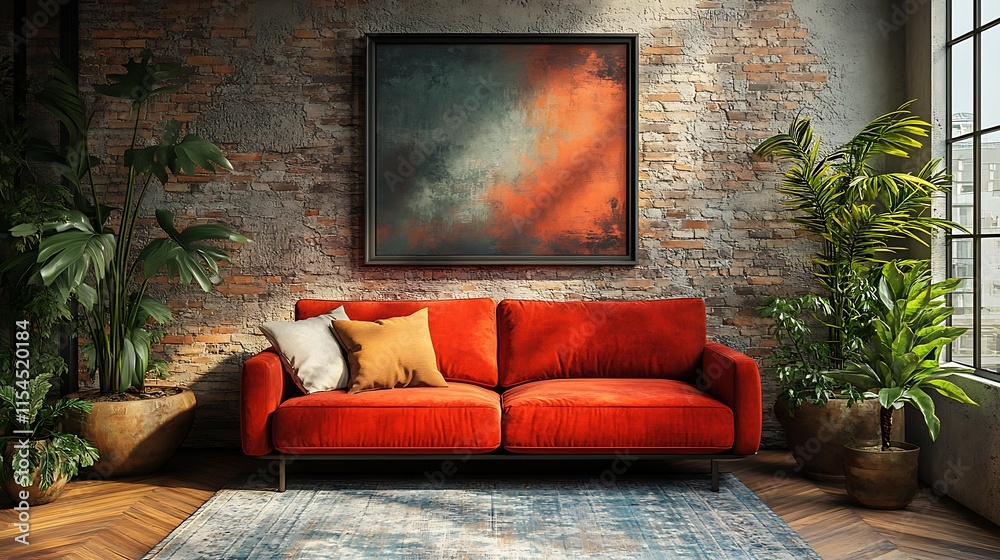 Modern Red Velvet Sofa in Industrial Loft Style Living Room. Concept of Cozy, Stylish, and Comfortable Home Decor.