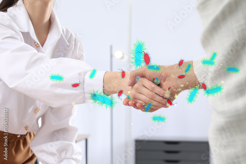 People shaking hands, closeup. Pathogens transmission, illustration of microbes