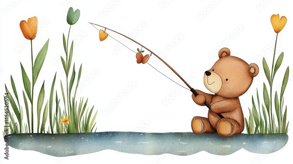 Fototapeta premium Cute Teddy Bear Fishing by Pond with Blooming Tulips in Meadow Landscape