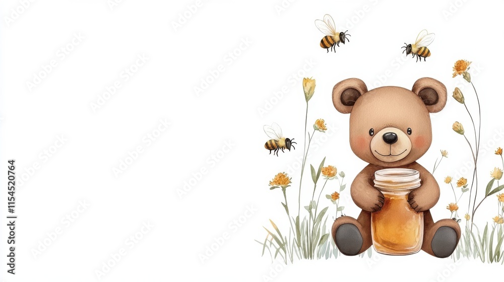 Fototapeta premium Cute Teddy Bear Holding Honey Pot Surrounded by Blooming Flowers in Meadow