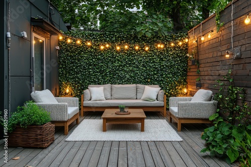 A modern small wooden terrace with a garden view, featuring white fabric furniture, a green wall fence, and soft string lights for a cozy touch.