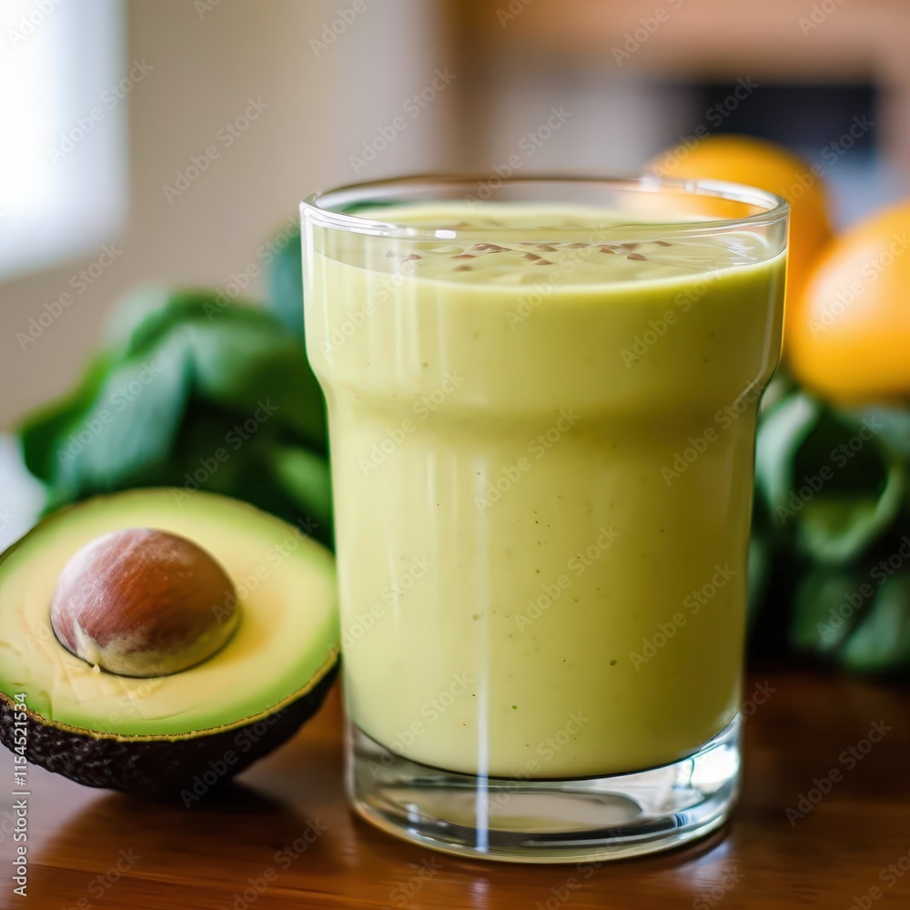A glass of green smoothie sits on a table next to a half-eaten avocado A glass of green smoothie sits on a table next to a half-eaten avocado