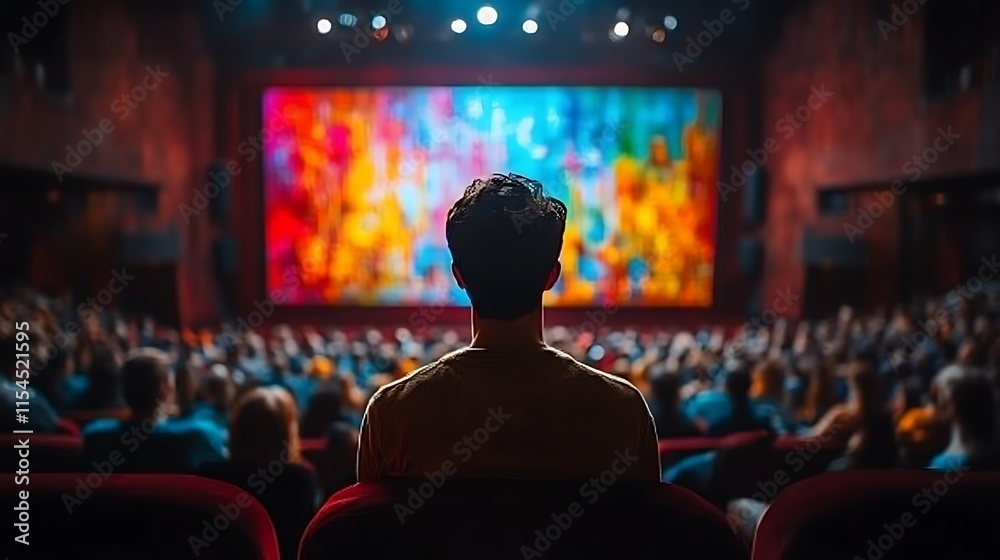 Man watching movie in crowded cinema. Man watching movie in crowded cinema.