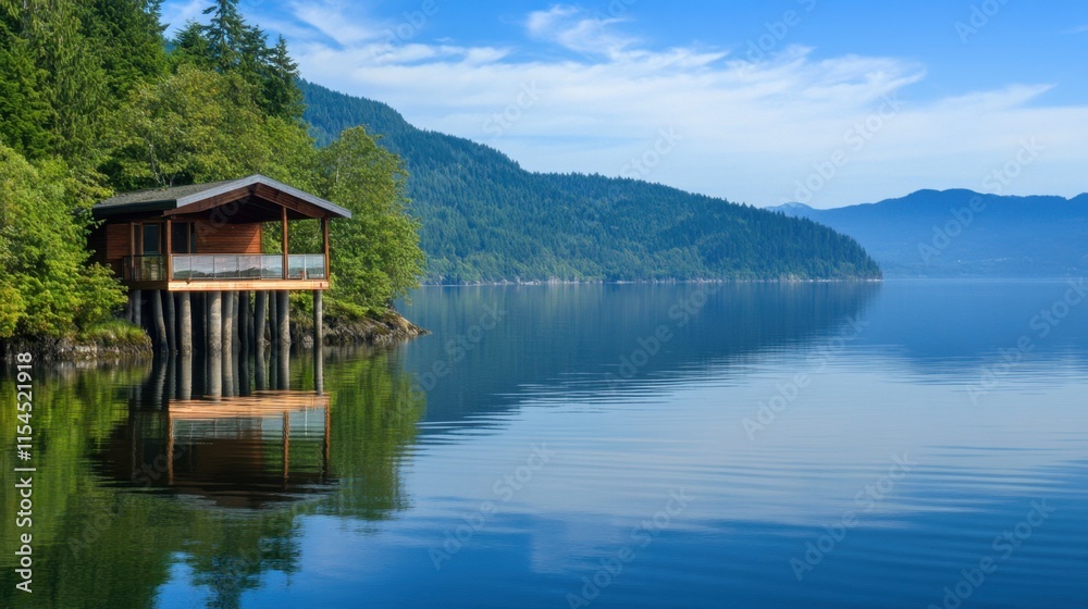 Obraz premium Serene Lakeside Cabin on Pillars Surrounded by Lush Green Forest Landscape