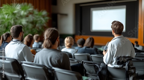 Audience attentively watching presentation in a conference hall.